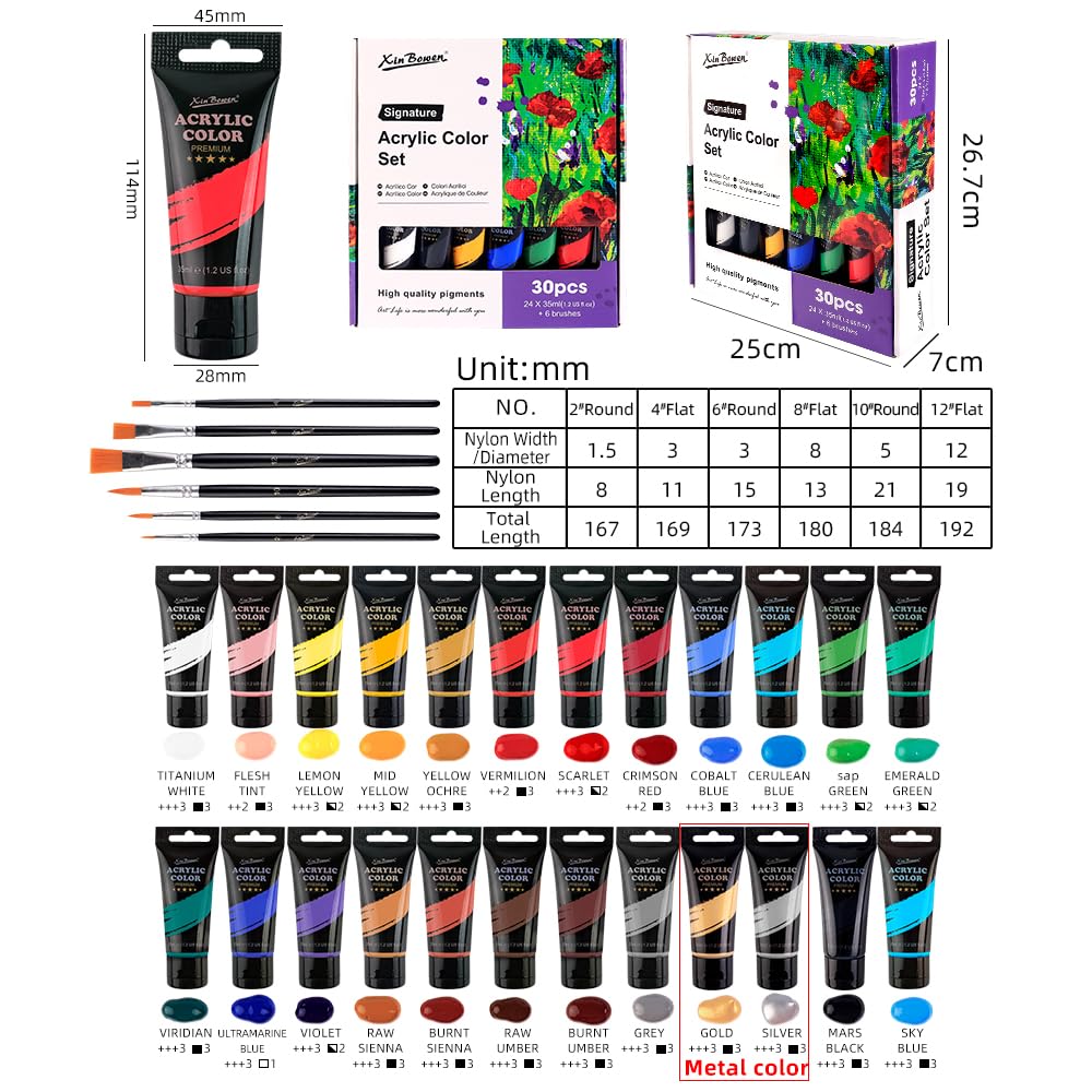 Xin Bowen Acrylic Paint Set 24 Colors 35ml with 6pcs Brush (30pcs Pack) image 2