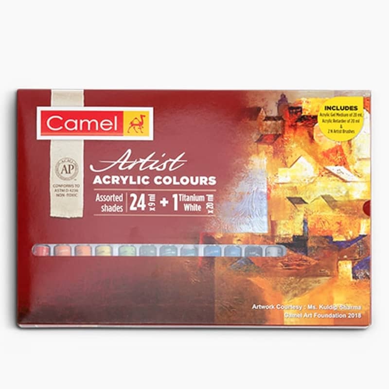 Camel Artist Acrylic Colors- 24 Shades 9ml, 1 shade in 20 ml with mediums and brushes image 3