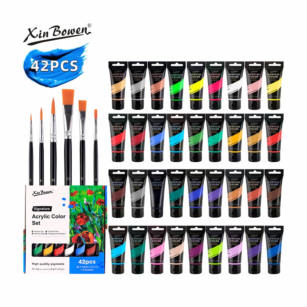 Xin Bowen Acrylic Paint Set 36 Colors 35ml with 6pcs Brush (42pcs Pack) image 6