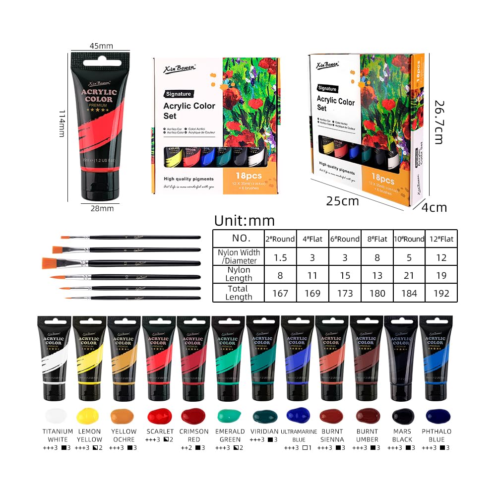 Xin Bowen Acrylic Paint Set 12 Colors 35ml with 6pcs Brush (18pcs Pack) image 3