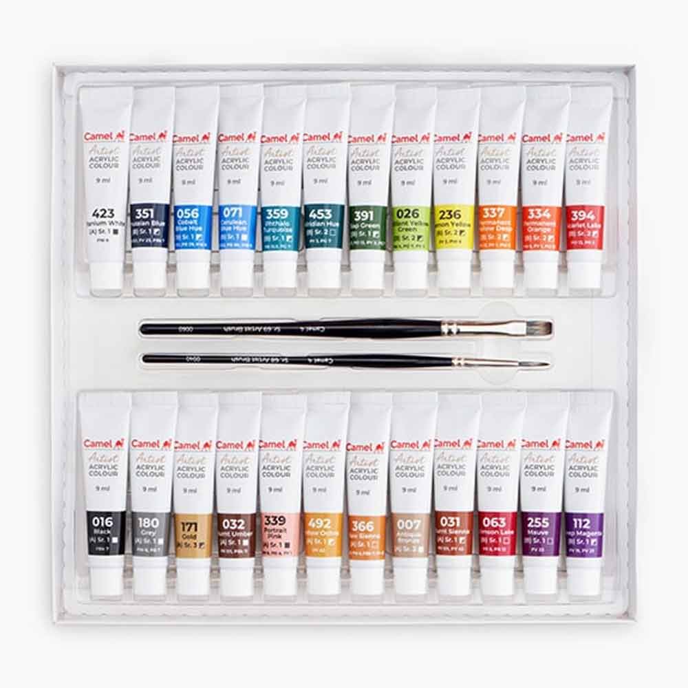 Camel Artist Acrylic Colors- 24 Shades 9ml, 1 shade in 20 ml with mediums and brushes image 2