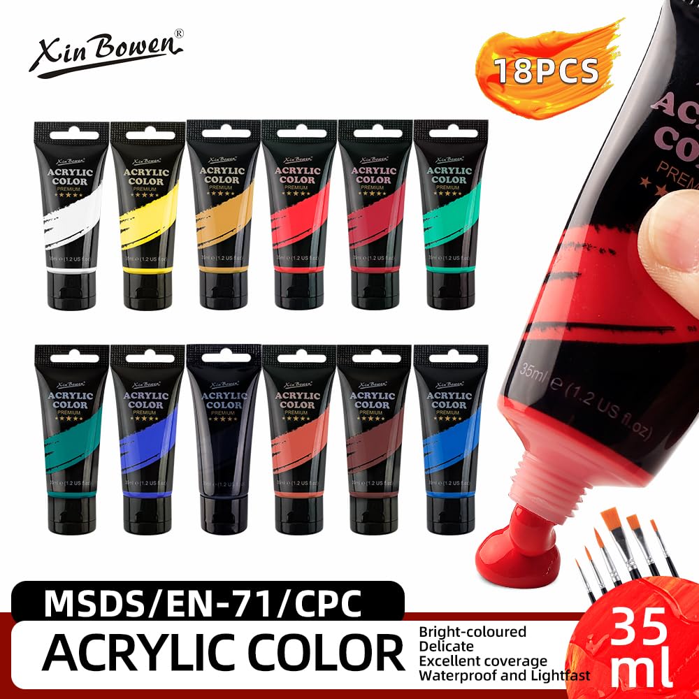 Xin Bowen Acrylic Paint Set 12 Colors 35ml with 6pcs Brush (18pcs Pack) image 2