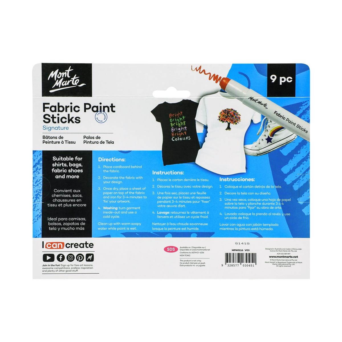 Mont Marte Fabric Paint Sticks 9pc image 3
