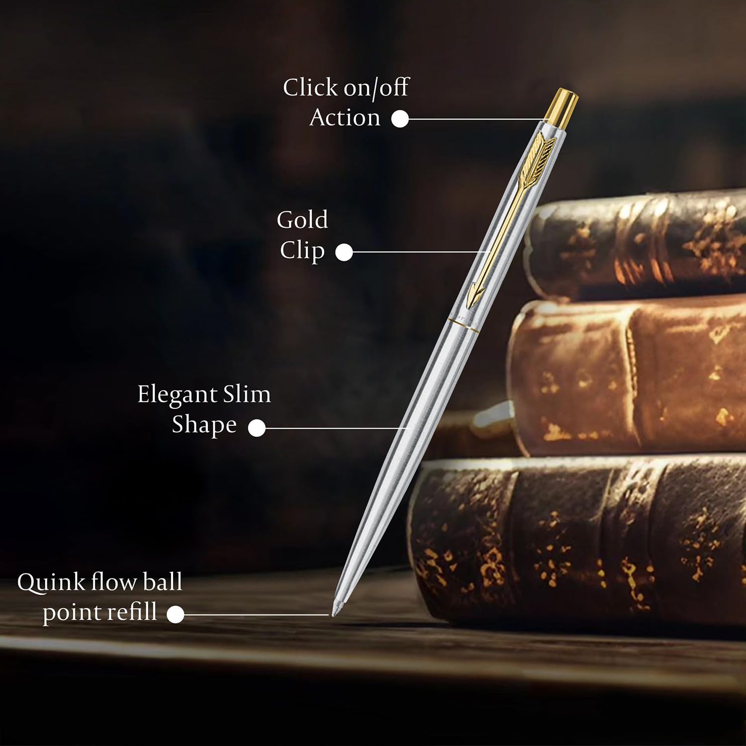 Parker Classic Stainless Steel Gold Trim Ball Pen | Blue Ink | Ballpoint Pen for Smooth Writing image 4