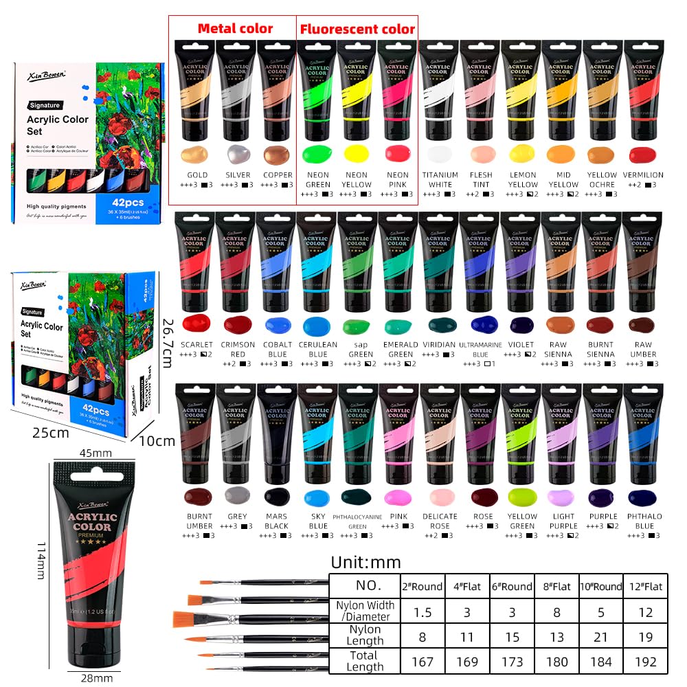 Xin Bowen Acrylic Paint Set 36 Colors 35ml with 6pcs Brush (42pcs Pack) image 2