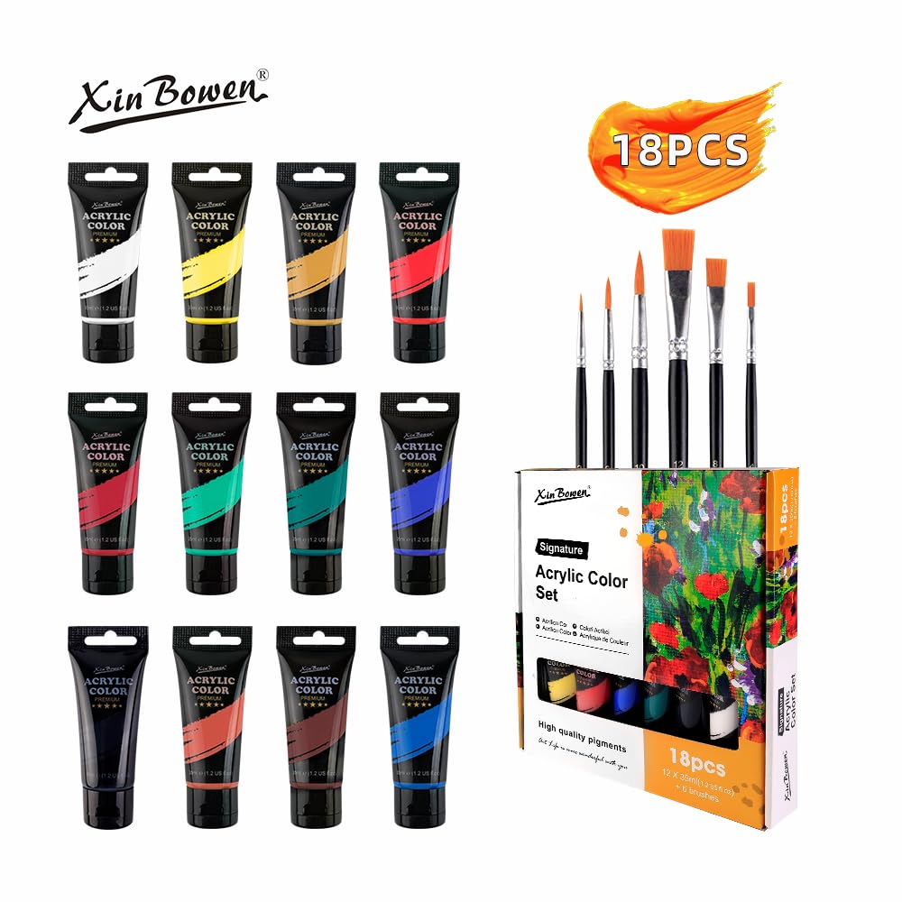 Xin Bowen Acrylic Paint Set 12 Colors 35ml with 6pcs Brush (18pcs Pack) image 6